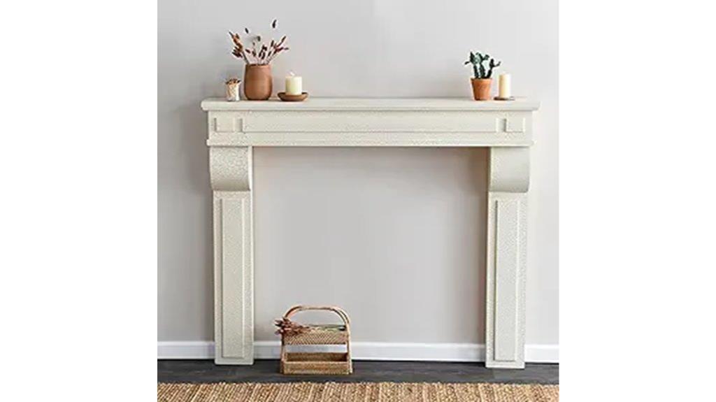 distressed cream fireplace mantel